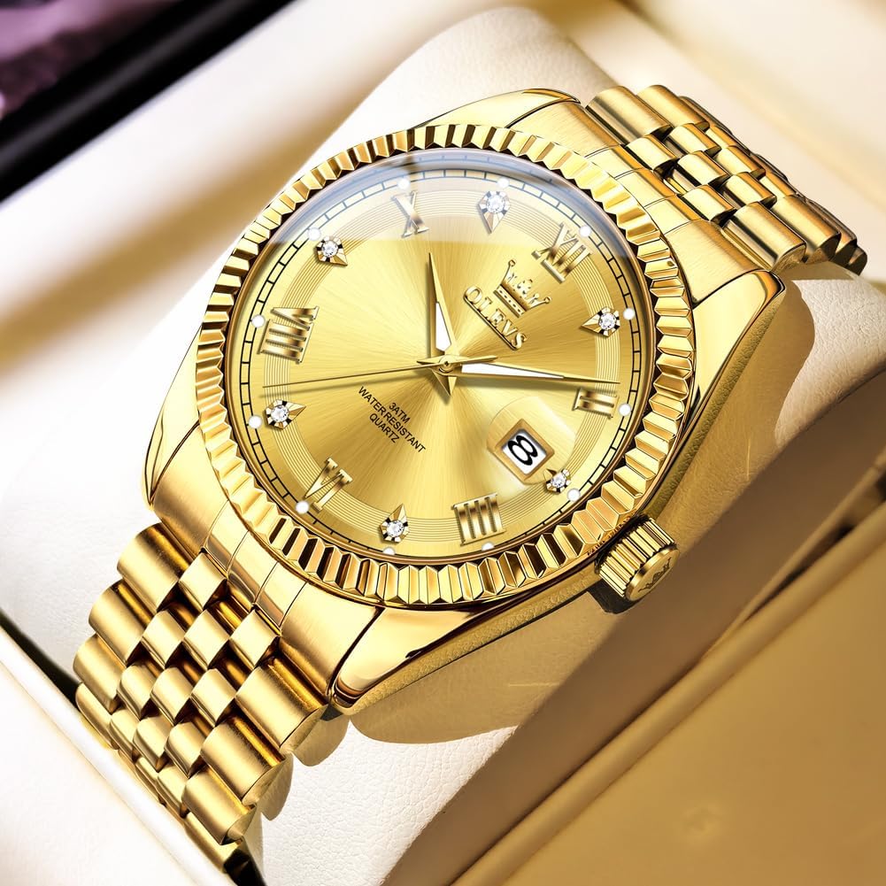 OLEVS Reloj Clásico para Hombre Diamante Analógico Lujo Acero Inoxidable a Dos Tonos Resistente al Agua con Fecha Luminous para Hombres