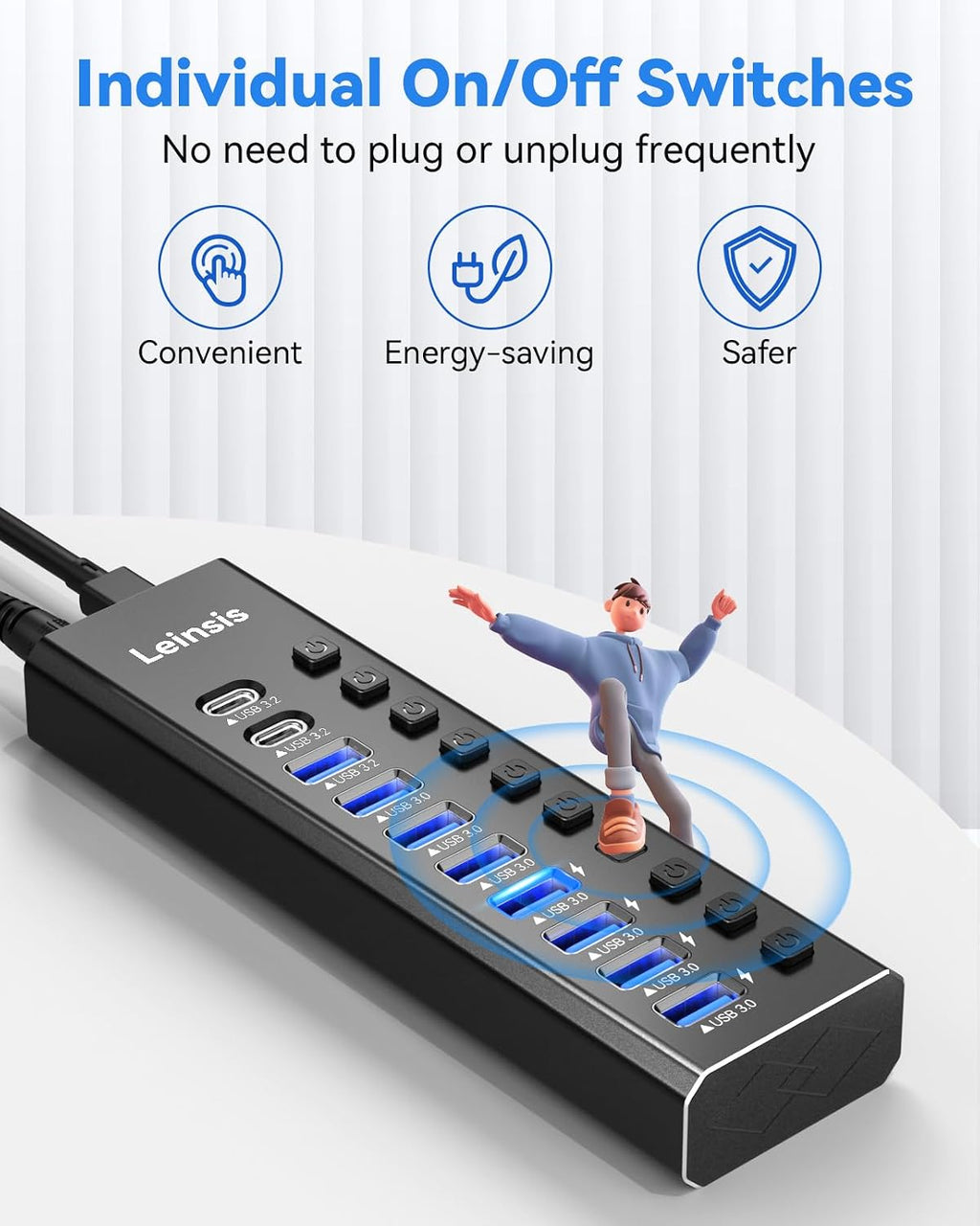 Leinsis, KZW-U10217B, hub USB 3.2 de 10 puertos, alimentado