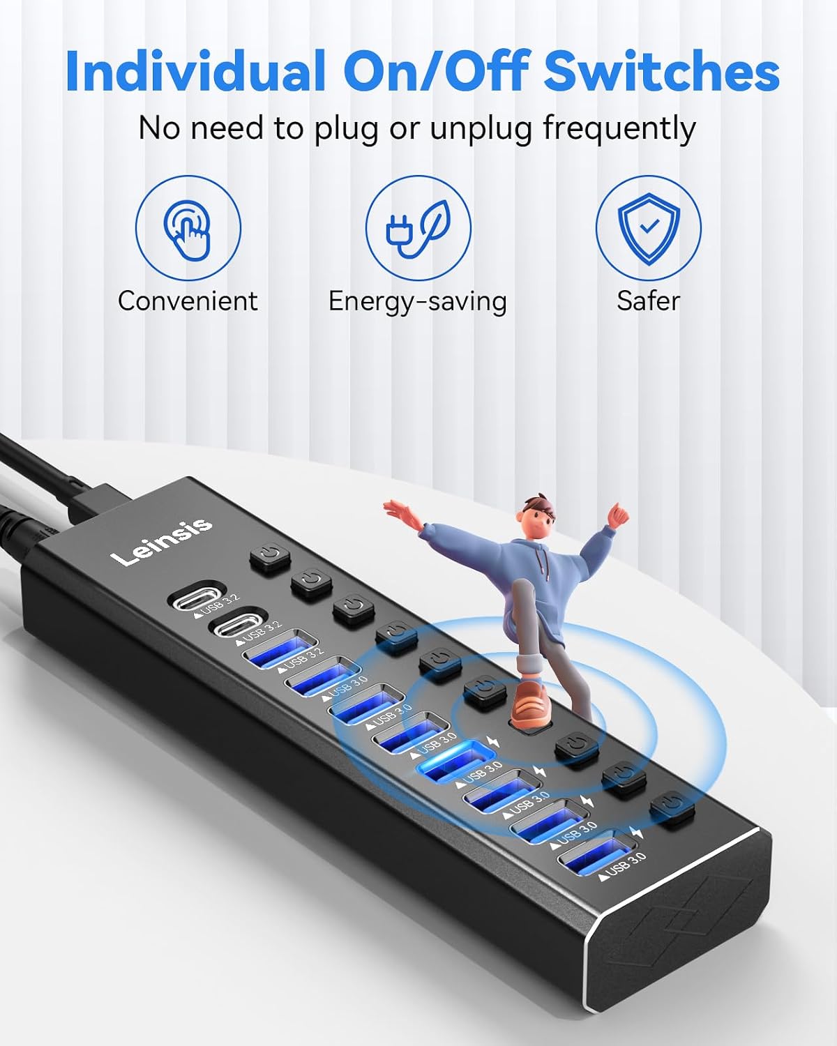 Leinsis, KZW-U10217B, hub USB 3.2 de 10 puertos, alimentado