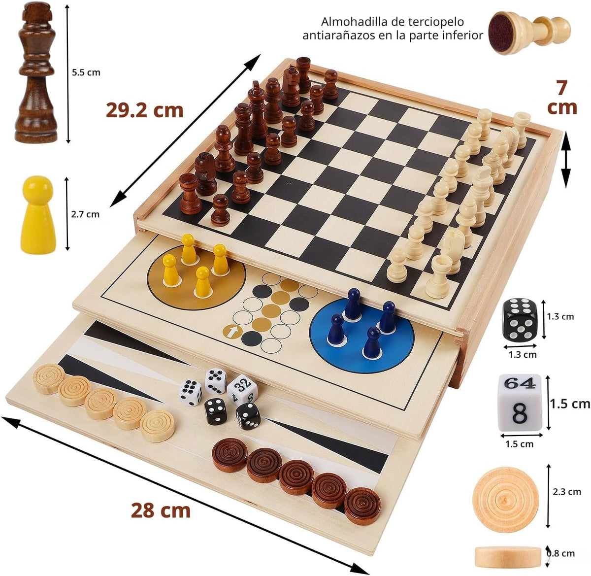 Juegoal Juego de mesa de madera 7 en 1 para niños y adultos, juego de mesa clásico de viaje portátil (ajedrez, damas, damas chinas, backgammon, parchís, serpientes y escaleras, dedo del pie de tac)