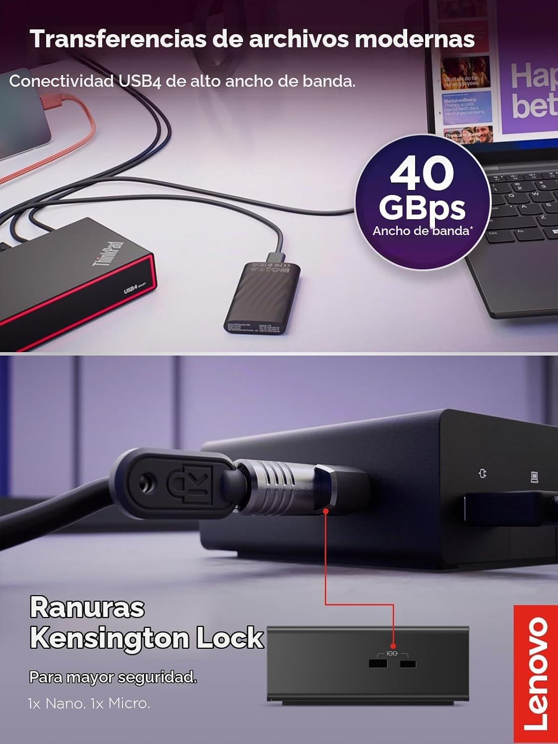 Lenovo ThinkPad USB 4 Smart Dock 5500 con adaptador de 135 W, soporta hasta 4 pantallas, alimentación de 100 W a laptop, cable USB 4 integrado, negro Eclipse