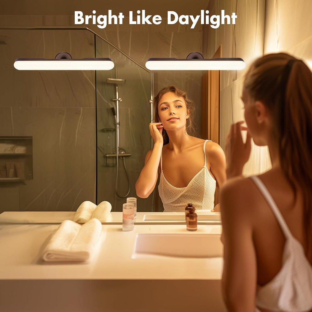 cambk Juego de 2 luces inalámbricas de tocador y maquillaje para espejo, barra de luz LED recargable que se adhiere para espejo de baño con 3 CCT regulables, luz inalámbrica de larga duración de