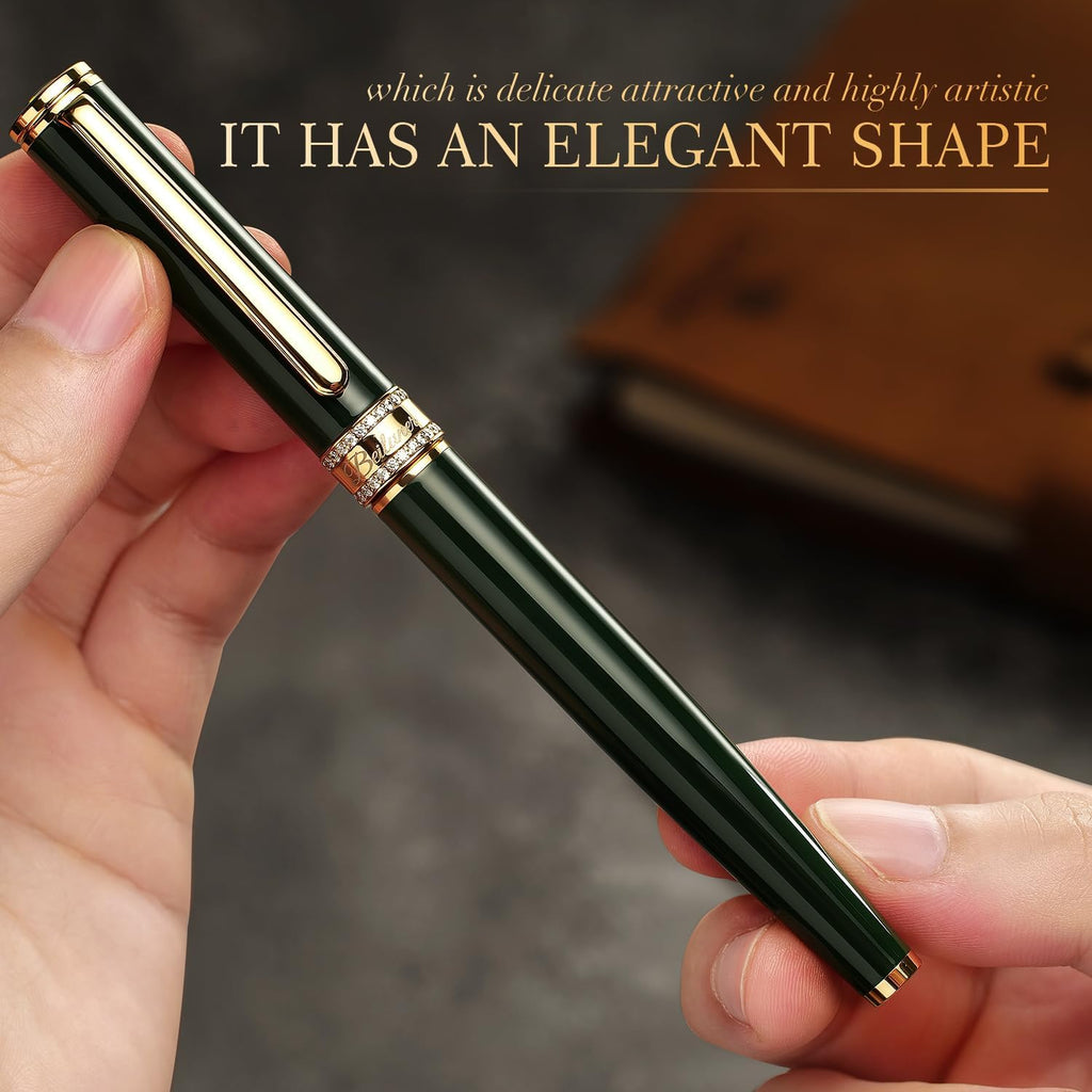 BEILUNER - Bolígrafo de rodillo de laca verde, diseño de tapa con diamantes incrustados, borde de 24K de oro, noble y elegante, recarga de tinta Schneider, el mejor set de regalo de bolígrafo para