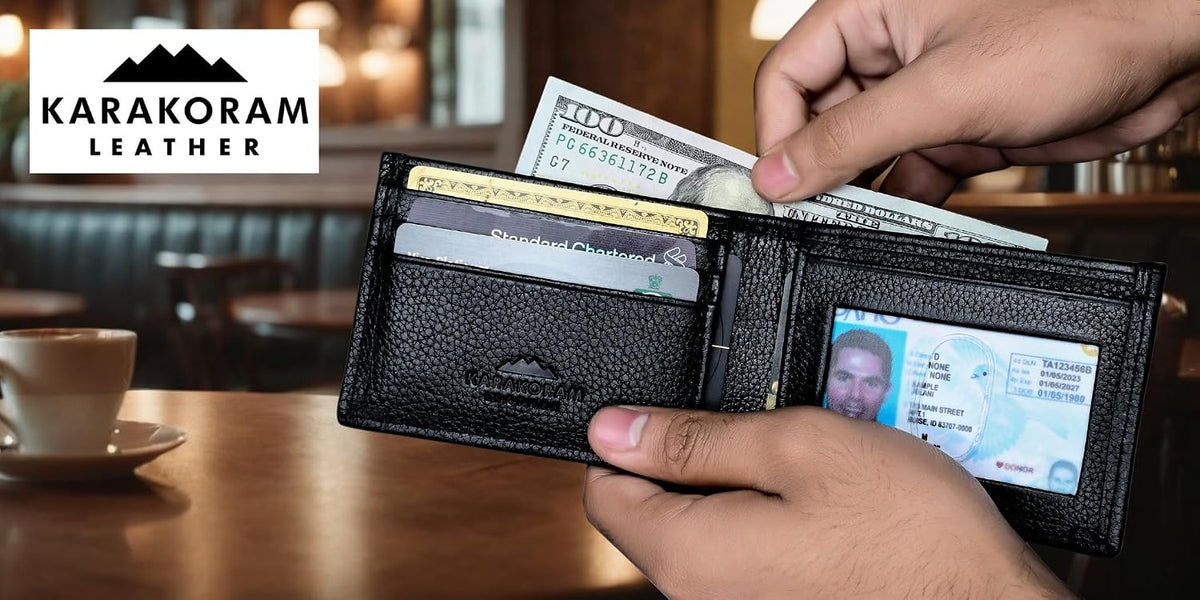 KARAKORAM - Cartera plegable compacta de piel para hombre, con capacidad para 12 a 14 tarjetas + dinero en efectivo, 2 ranuras de acceso rápido, ventana de identificación, bloqueo RFID
