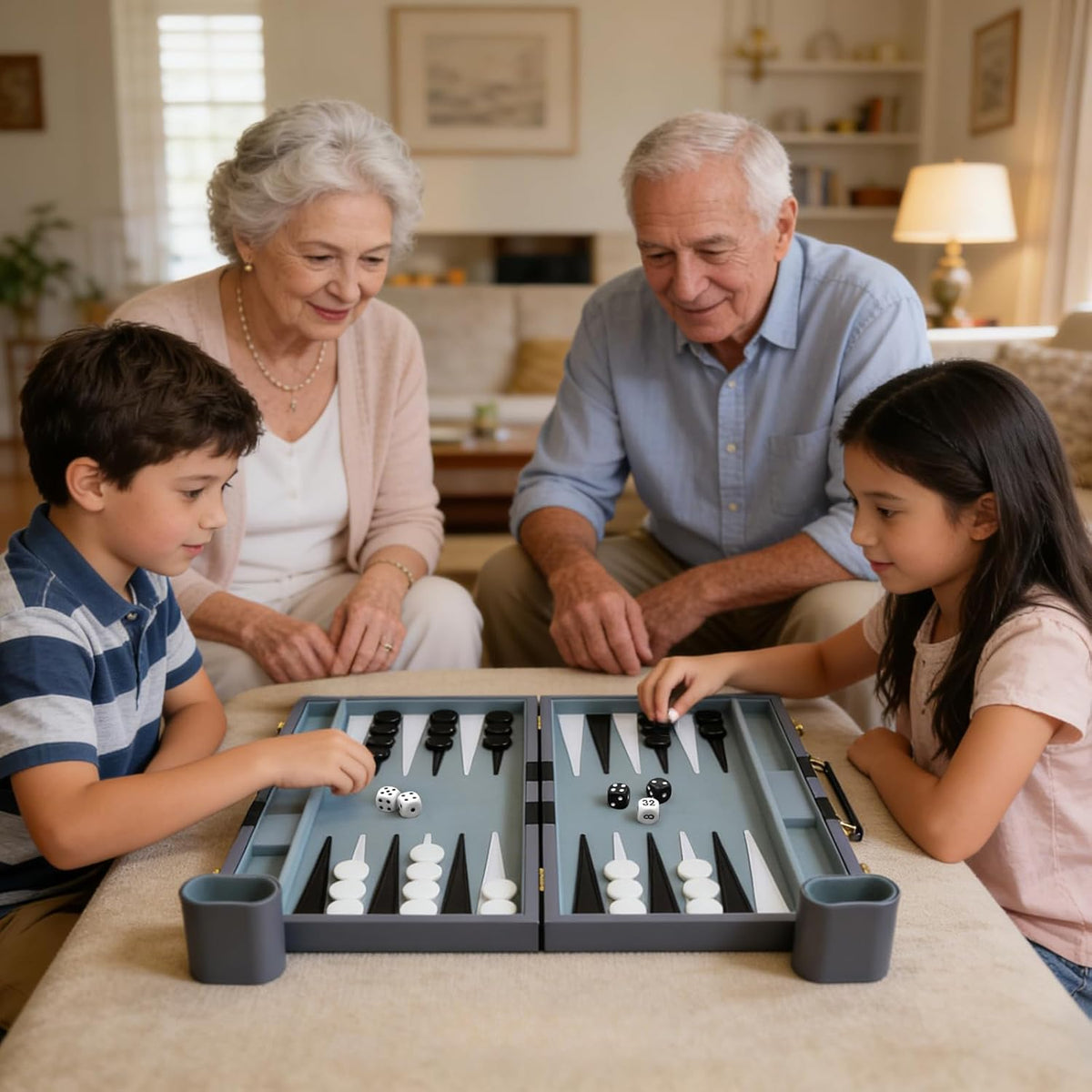 Backgammon - Juego de mesa clásico con funda de piel sintética de alta calidad, juego de estrategia de viaje portátil de backgammon para adultos, niños, noche de juego familiar, vacaciones y regalos (11 pulgadas, pequeño, gris)
