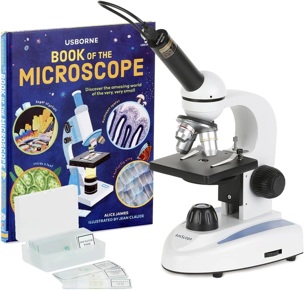 AmScope Microscopio monocular compuesto digital M149C-PB10-WM-E, oculares WF10x y WF25x, aumento de 40x-1000x, iluminación LED, Brightfield, condensador de una sola lente, escenario liso, 110 V o