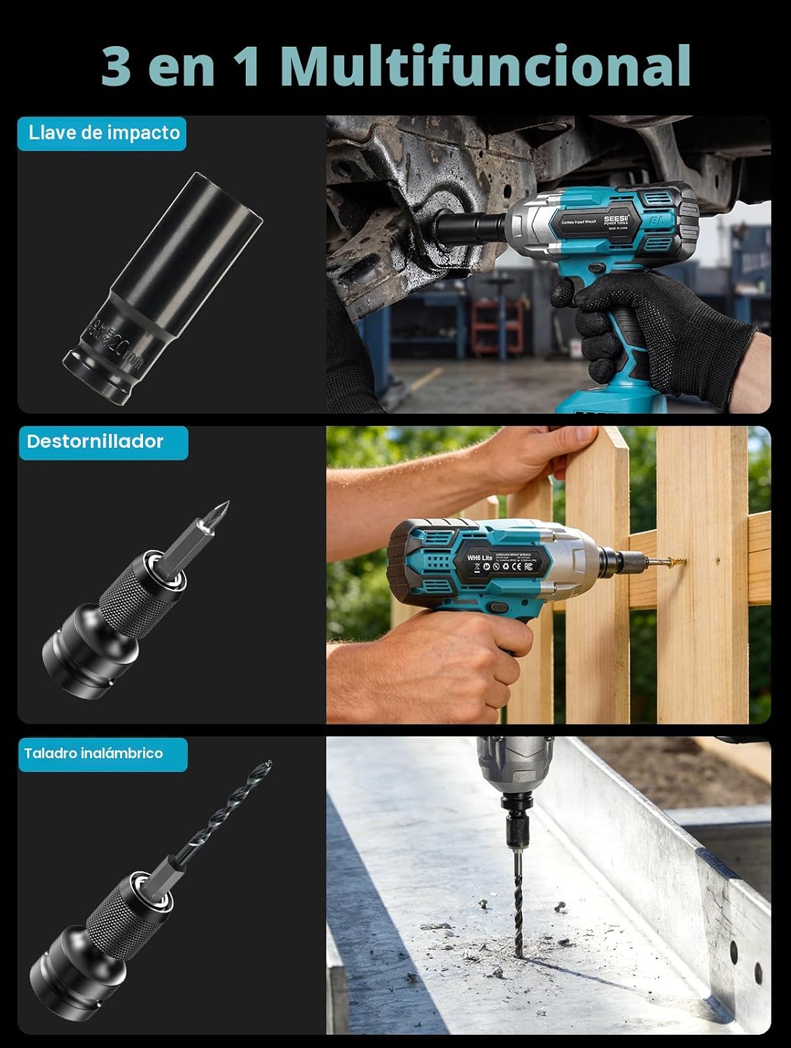 Seesii WH6 Lite - Llave de impacto inalámbrica de 1/2 pulgada, alto par de torsión de 479 pies (650 Nm), pistola de impacto sin escobillas, 2500 RPM con batería 2 x 4.0, 6 enchufes, 8 brocas