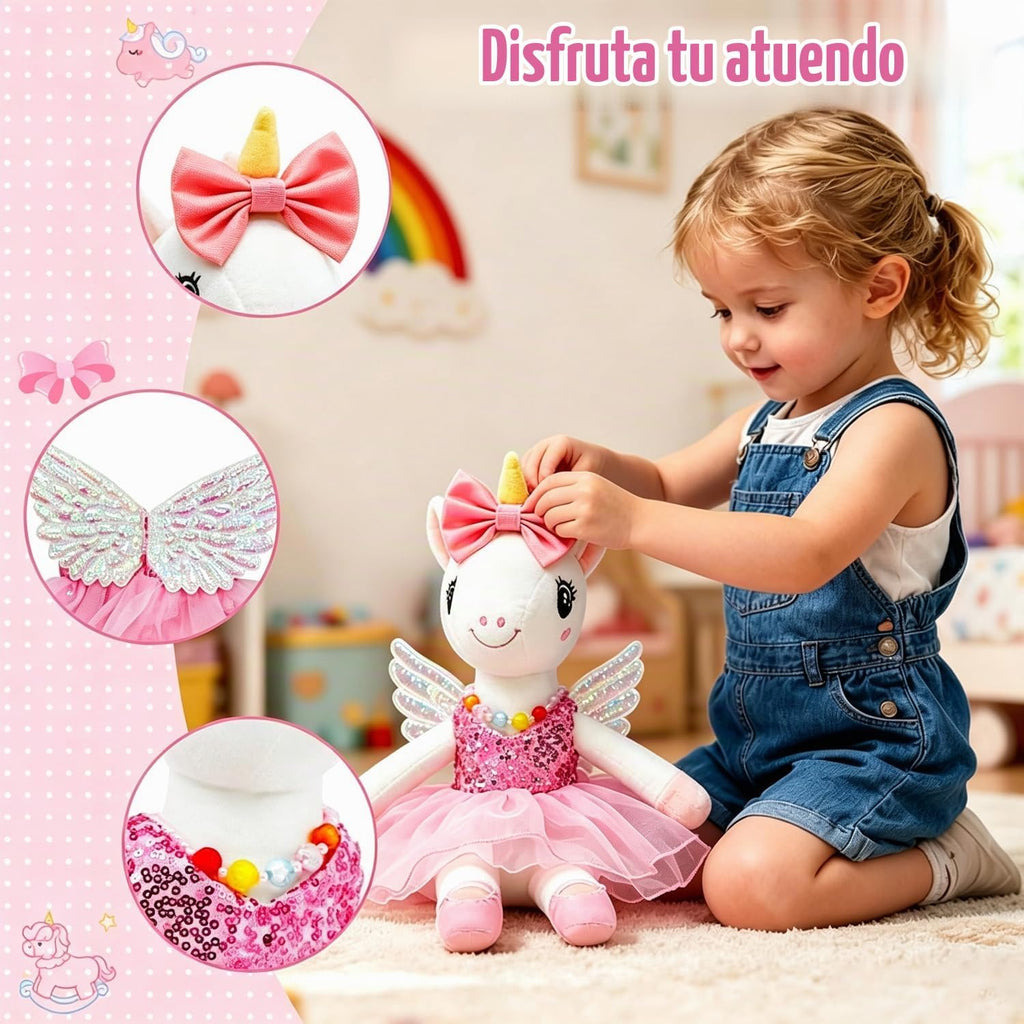 BOLZRA Juguetes de unicornio de bailarina para niñas de 4 a 6 años, juego de muñecas de animales de peluche de unicornio, 3 juegos de muñeca de ballet princesa con bolsa de felpa arcoíris, regalos de unicornios para cumpleaños, cesta de Pascua