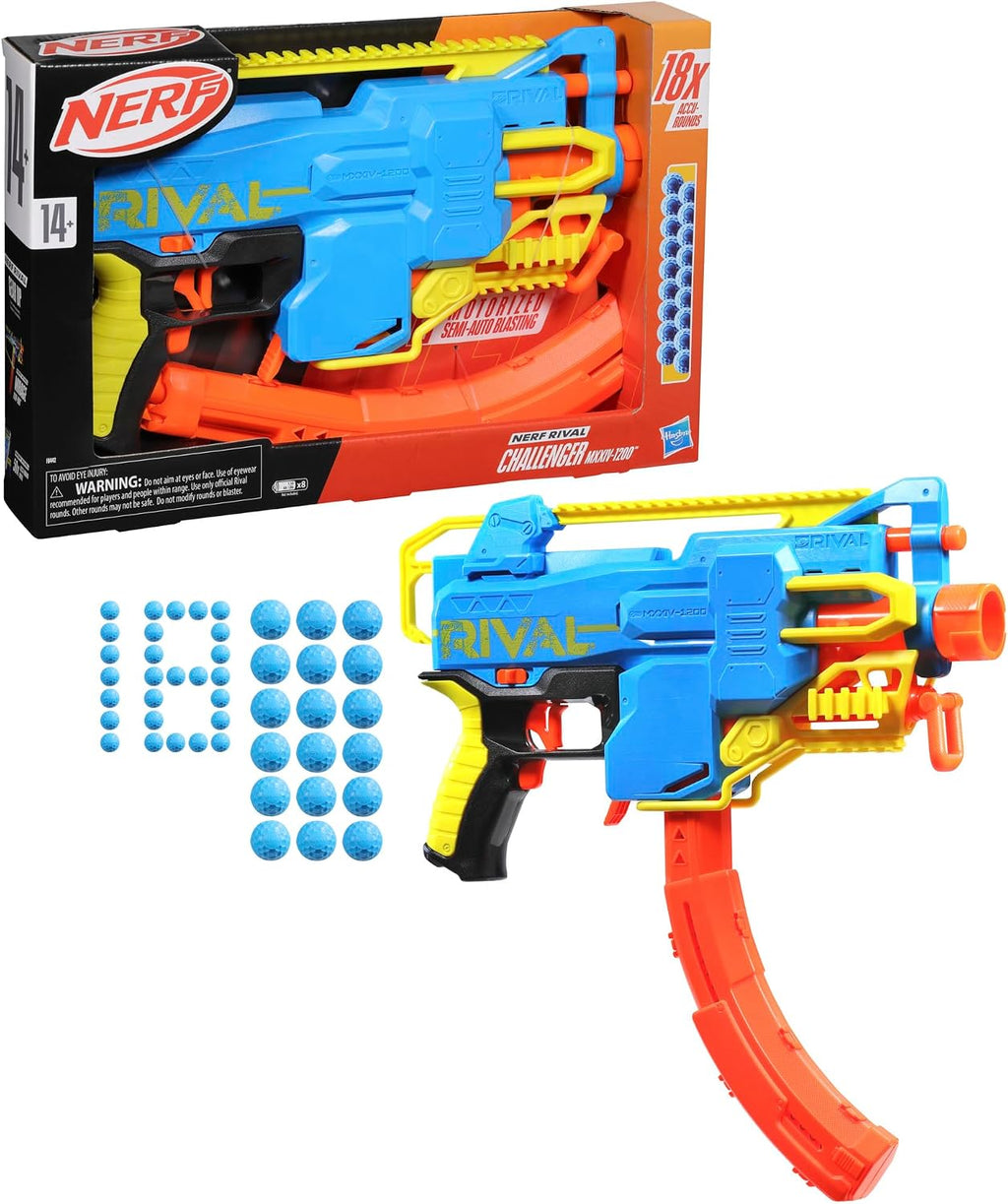 Nerf Rival Challenger MXXIV-1200 - Pistola motorizada, cargador curvo de 12 redondas, 18 Nerf Rival Accu-Rounds, regalos para adolescentes