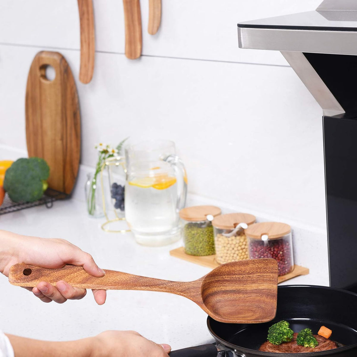 Cucharas de madera para cocinar, juego de 10 utensilios de cocina de madera, utensilios de cocina de madera para sartén antiadherente, juego de utensilios de madera de teca, herramientas de