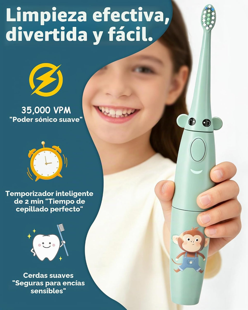 Irrigador dental eléctrico para niños de 6 a 12 años, irrigador oral para niños con 3 modos suaves y 2 modos sónicos, kit dental compatible con aparatos ortopédicos para niños y niñas (diseño de jirafa y mono)