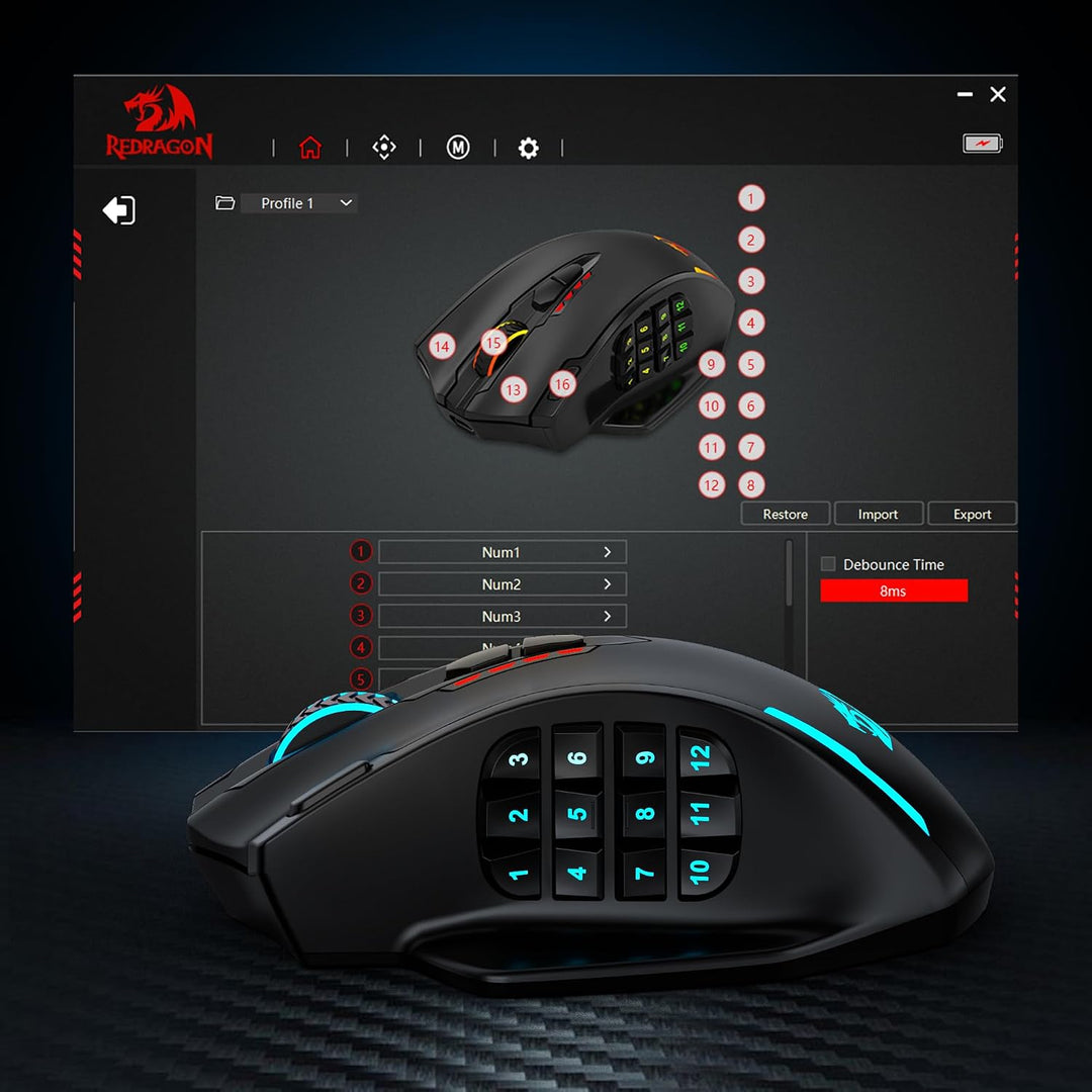 Redragon M913 MAX Ratón inalámbrico para juegos, ratón óptico MMO d...