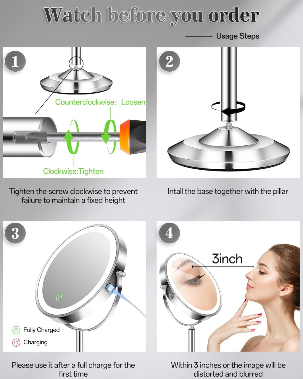 Espejo de maquillaje con aumento de 1X/30X 8" con luces de altura ajustable