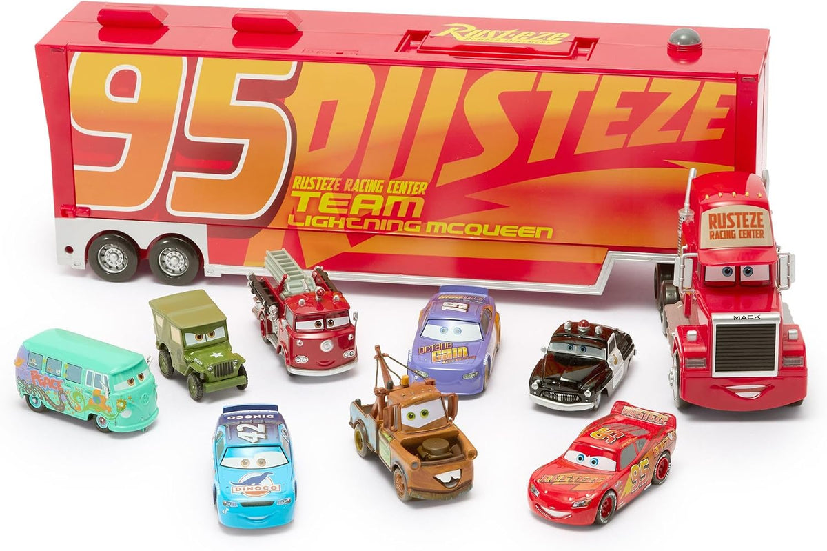 Set de juego oficial de Mack Hauler de Disney Store - Portaautos con luz y sonido Mack con 8 vehículos de metal a presión con retroceso - Rojo, Fillmore, Lightning McQueen, Bobby Swift, Cal Weathers
