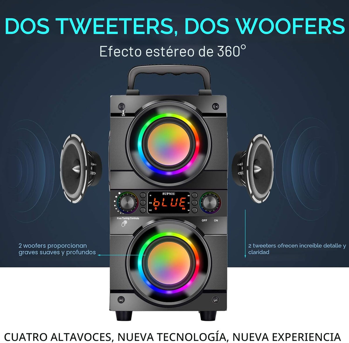 Altavoz Bluetooth portátil de 60 W (pico de 80 W) con doble subwoof...
