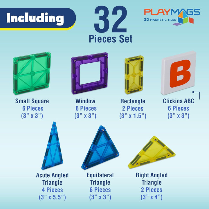 Playmags Juego de azulejos coloridos de 38 piezas, azulejos magnéti...