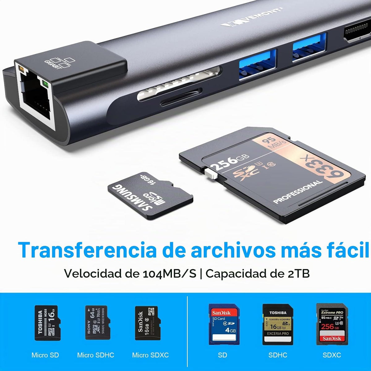 VEMONT, hub USB de 2 puertos