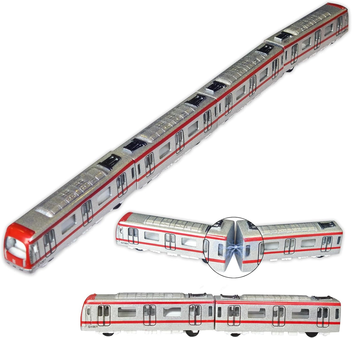 Juego de 4 trenes de juguete subterráneos de aleación, juguetes magnéticos de metro, tren de bala fundido a presión con conectores magnéticos, motor de locomotora de alta velocidad vinculado para niños a partir de 3 años