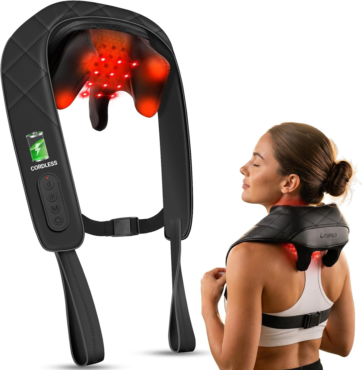 Masajeador de cuello ligero rojo inalámbrico con calor, 660nm y