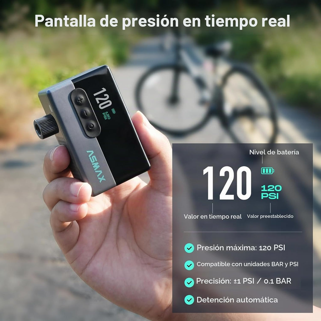 ASMAX Bomba de aire eléctrica T30 Mini inflador de neumáticos con manómetro