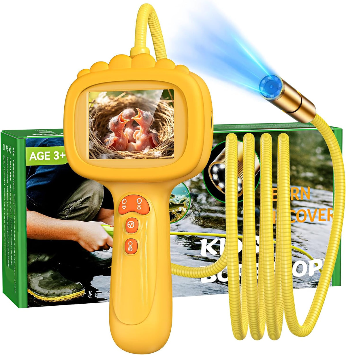 Cámara Boroscopio con Luz para Niños, 2.4" IPS, Naranja León