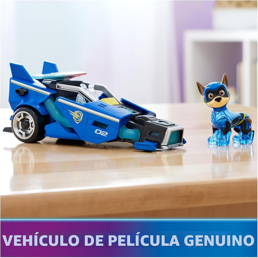 Paw Patrol: The Mighty Movie, auto de juguete con figura de acción Chase Mighty Pups, luces y sonidos, juguetes para niños y niñas mayores de 3 años