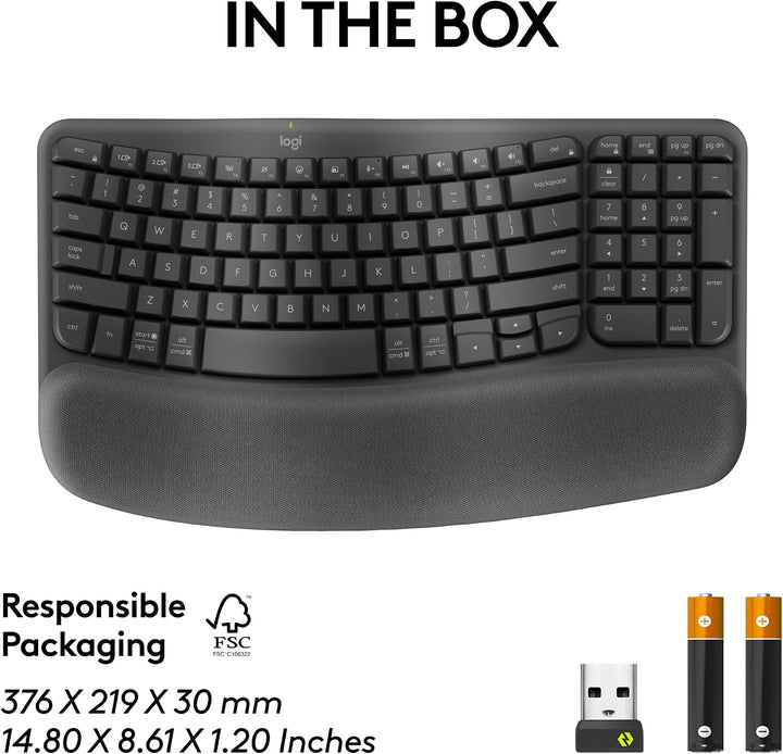 Logitech Wave Keys para negocios, teclado ergonómico inalámbrico co...
