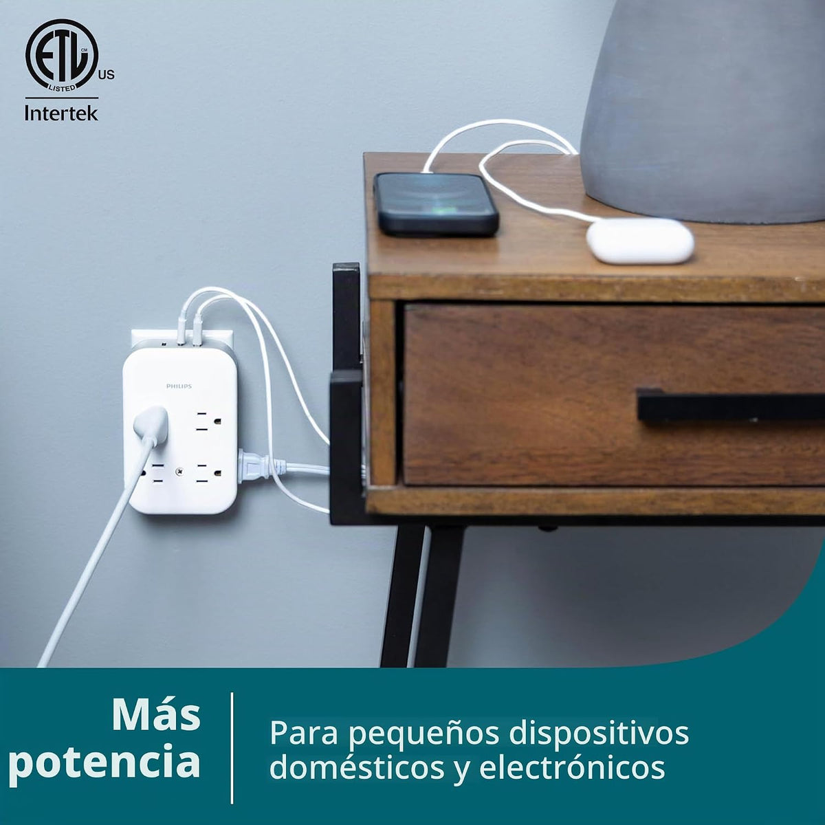 Philips Enchufe contra sobretensiones todo en uno con USB, 4 tomas con conexión a tierra y 4 tomas polarizadas, 2 puertos USB-C y 1 puerto USB-A, 15W compartidos, 1140 julios, certificado ETL, blanco