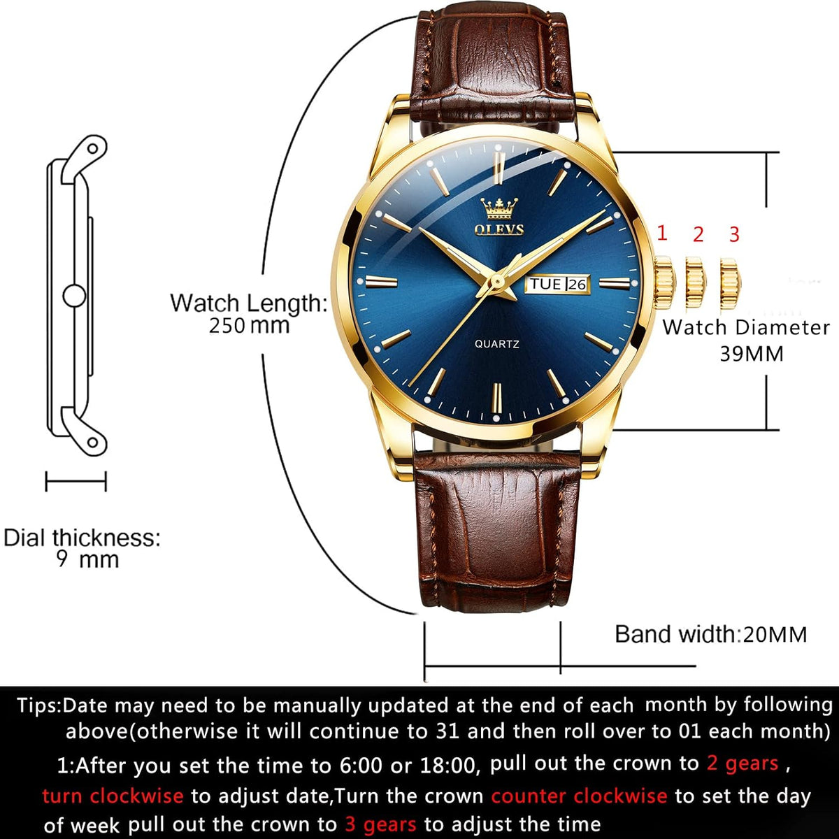 OLEVS Reloj de piel marrón para hombre, lectura elegante de vestir, reloj de pulsera con fecha diaria, cuarzo