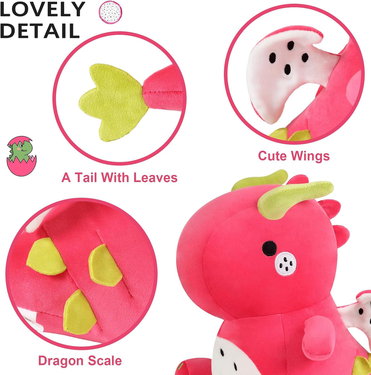 Ditucu Lindos animales de peluche de dinosaurio de fruta del dragón, muñecos de peluche suaves de dinosaurio Pitay, regalos de cumpleaños para niños y niñas, rojo, 16 pulgadas
