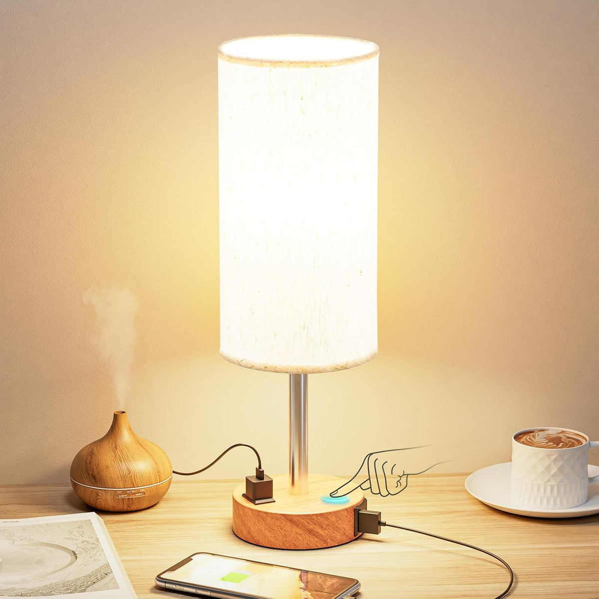 Lámpara Lámpara de mesita de noche para habitación - Lámpara táctil regulable de 3 vías con puertos de carga USB C y salida de CA, lámpara pequeña con base de madera y pantalla redonda de tela de