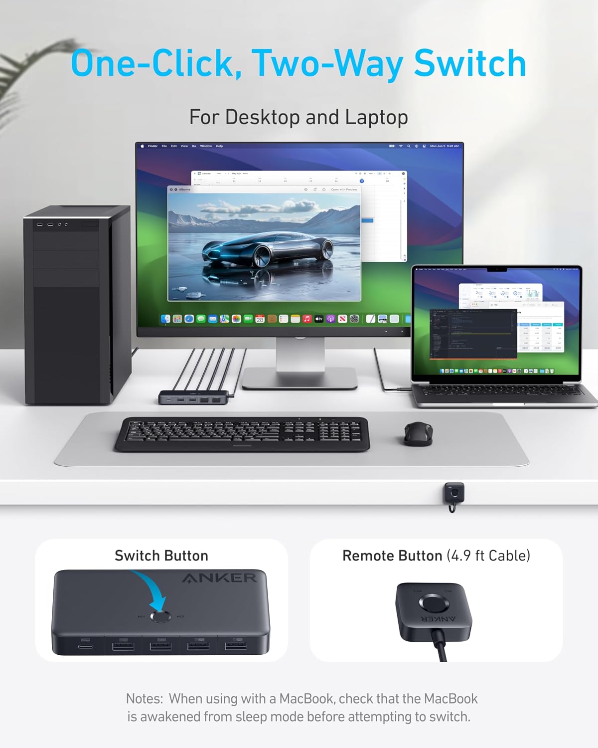Anker Conmutador KVM HDMI USB 3.0, 5 Puertos USB 3.0, Soporta 4K@60Hz, Botón Magnético de Control Remoto para Cambio de Laptop a Escritorio con un Clic, Funciona con Dell, MacBook, iPad y Más (Cables