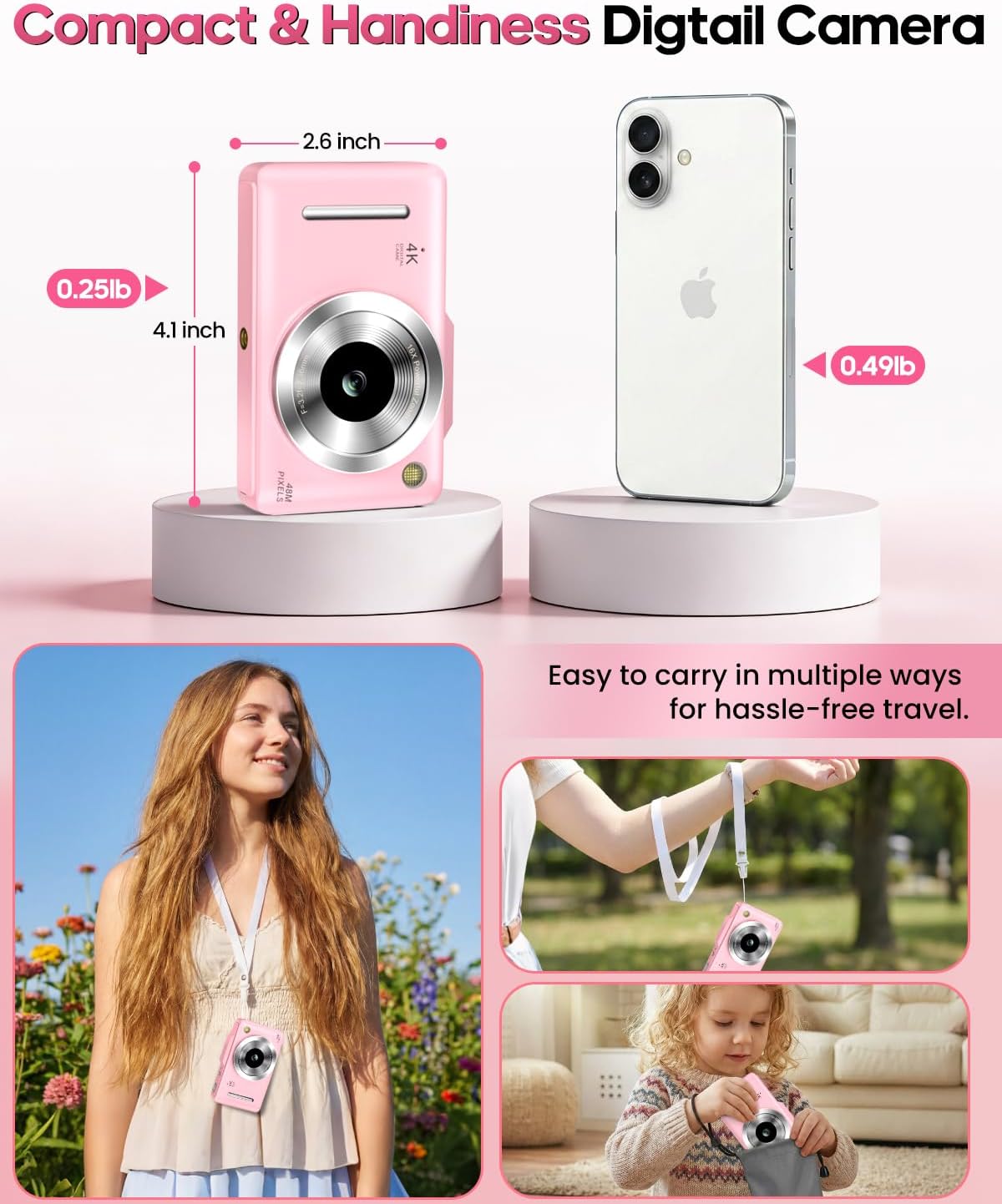 Cámara digital 4K de enfoque automático para vlogging para fotografía con zoom de 16X, antivibración, tarjeta 32G8, cámara compacta portátil de 48 MP, regalo para niños principiantes (rosa)