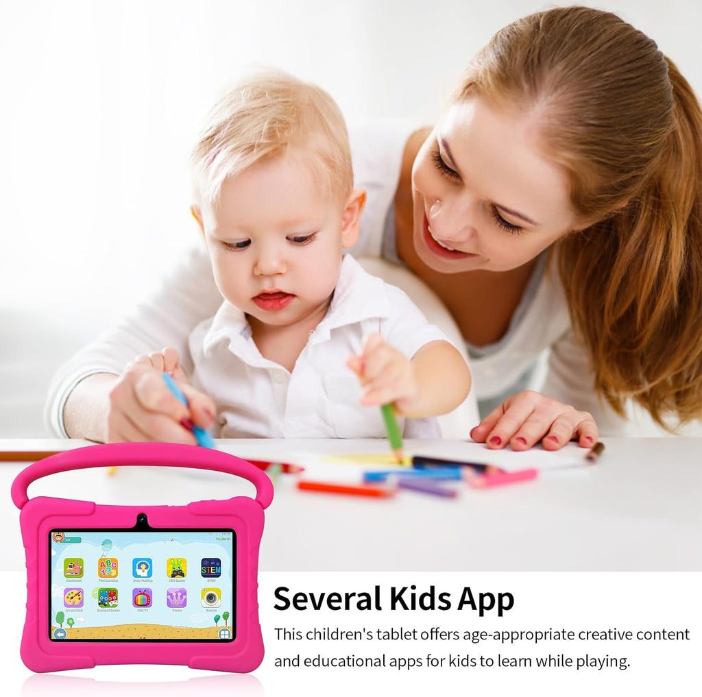 Tablet Kids de 7 pulgadas con funda a prueba de golpes, 1 GB de RAM 32 GB ROM, tableta Android para niños pequeños con Bluetooth, WiFi, GMS, control parental, educativo, juegos (rosa)