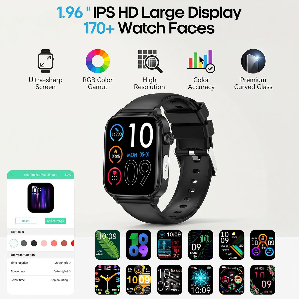 Smart Watch para Hombres y Mujeres, Pantalla HD de 1.96", Rastreador de Actividad, Monitor de Frecuencia Cardíaca 24/7 y Presión Arterial, Oxígeno en Sangre y Seguimiento del Sueño, Múltiples Modalidades Deportivas, Resistente al Agua IP68 para Android