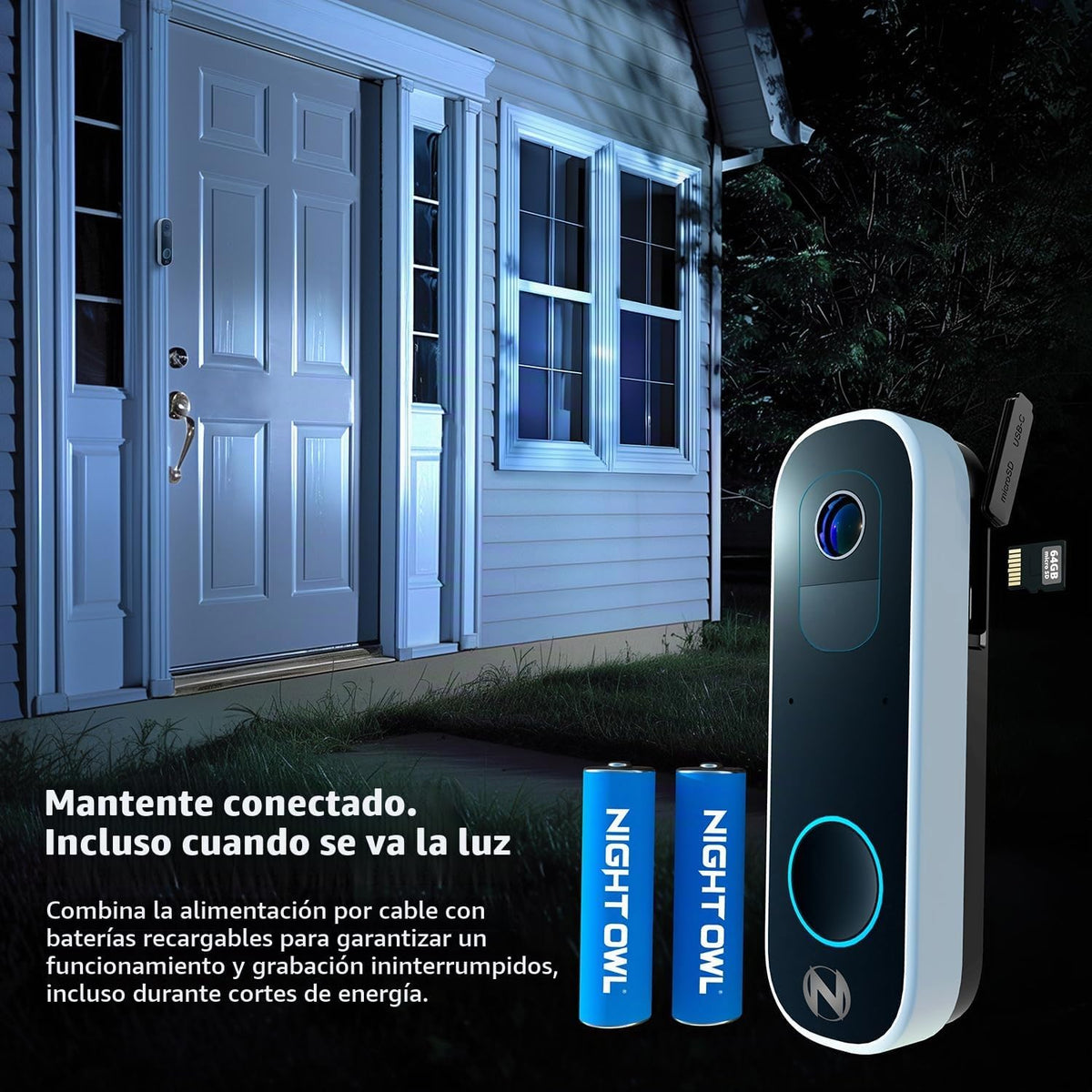 Night Owl 2K Timbre de video inteligente con batería y Wi-Fi de doble alimentación - Negro