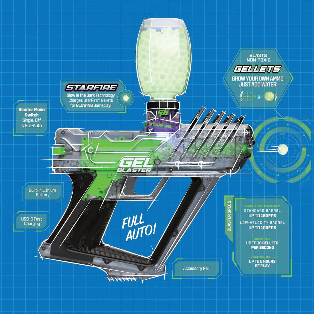 Gel Blaster Surge 2 con activador de brillo Starfire integrado, juguete GelBlaster mejorado con rango de más de 100 pies, modos semiautomáticos y completos, brillo integrado en la oscuridad