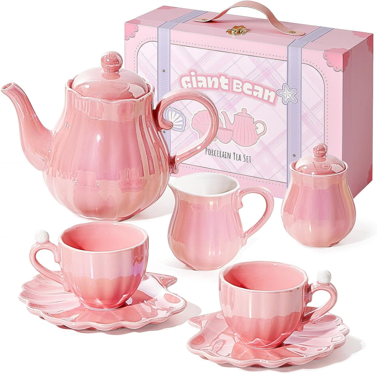 Juego de té de porcelana Giant bean, color rosa perla, set real para fiesta de té
