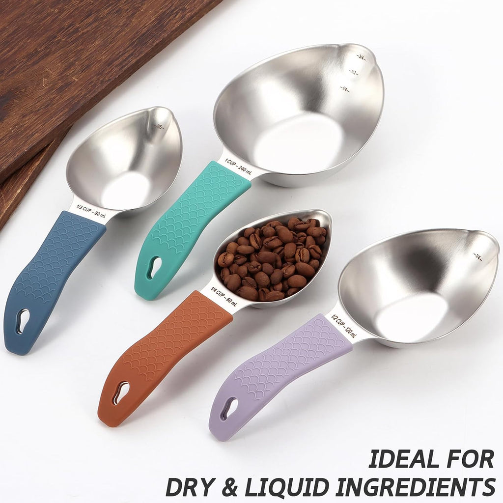 Juego de 4 tazas medidoras de acero inoxidable para ingredientes secos y líquidos con asas de silicona antideslizantes y medidas grabadas con láser, tazas medidoras de metal