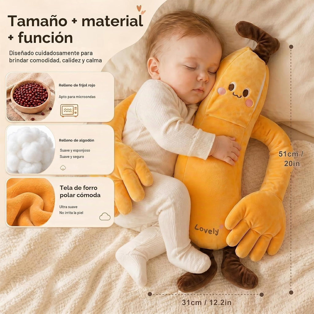 Banana Baby - Juguete de peluche calmante con suave vibración de 3 velocidades, brazos largos para abrazar, inserto cálido extraíble, lindo muñeco de peluche para niñas y niños