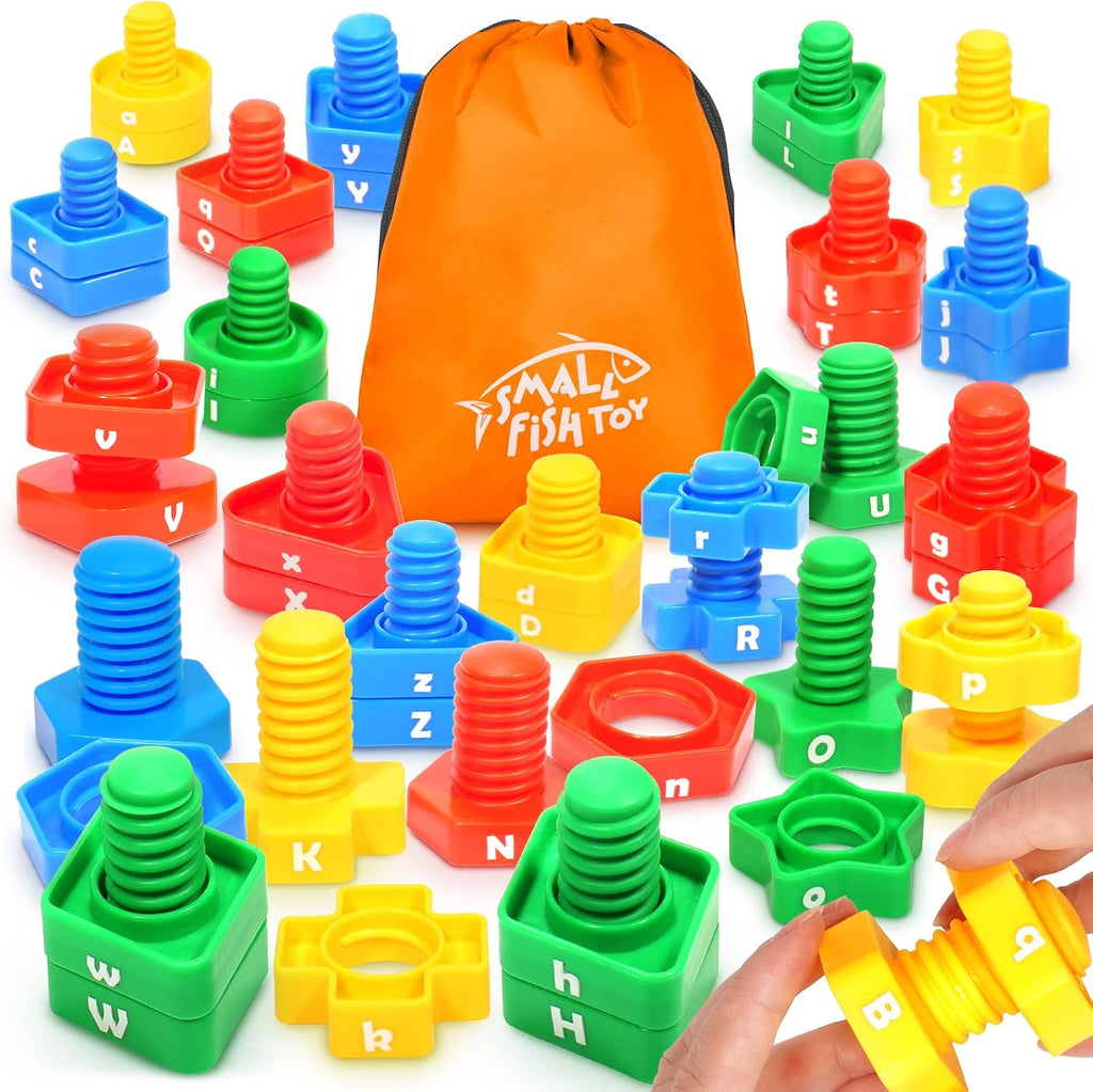 Juego de aprendizaje de letras a juego | Juego de juguetes preescolares para niños | 26 juguetes de aprendizaje del alfabeto con 52 piezas de tuercas y pernos, juguetes de clasificación y apilamiento
