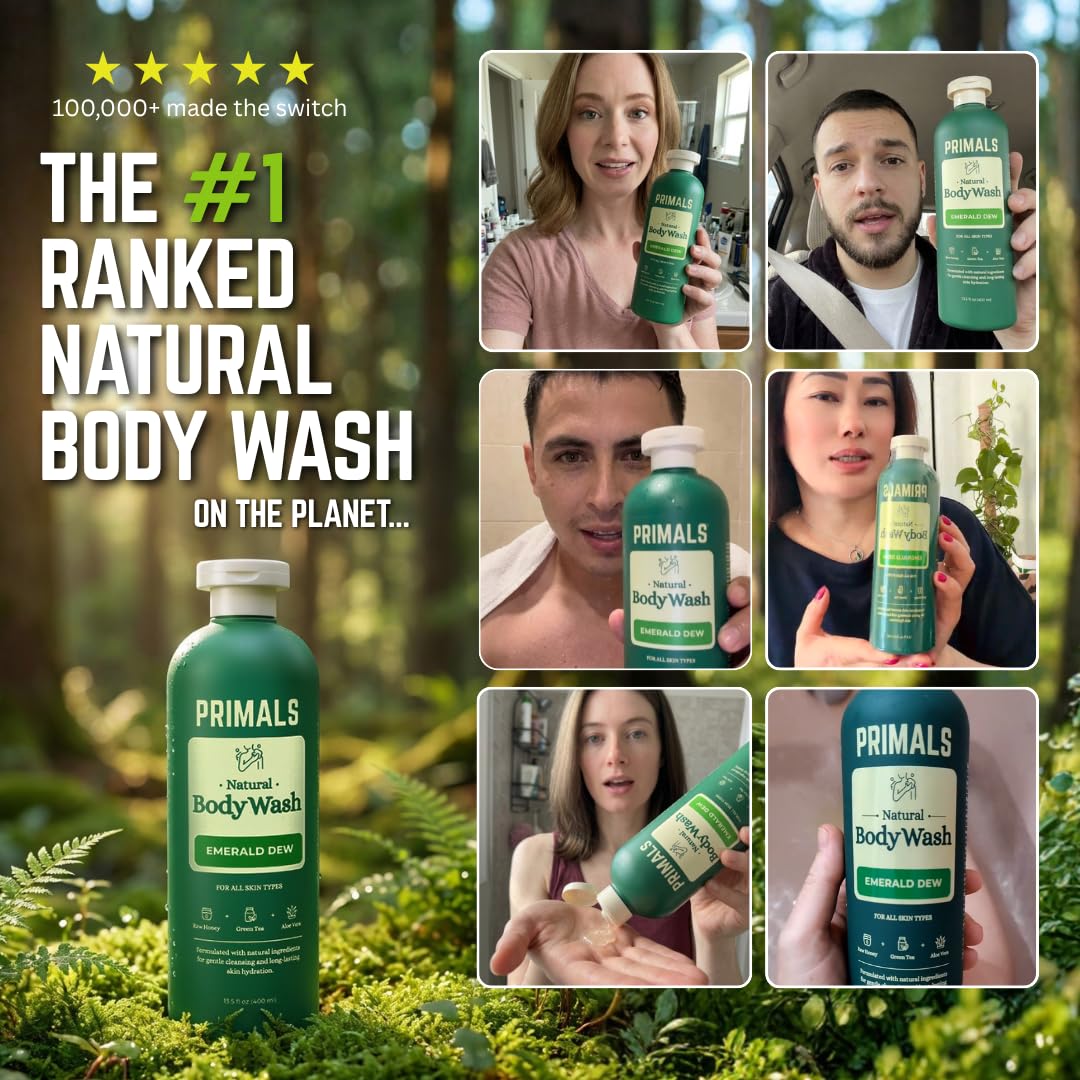 PRIMALS Gel de baño natural, aloe vera, miel cruda, té verde, ingredientes naturales, cero fragancias artificiales, sulfatos, parabenos o colorantes, 13.5 onzas líquidas