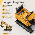Excavadora de juguete a control remoto para niños, juguetes de excavadora RC de 2.4 GHz con cubo de metal, vehículo de construcción de 12 canales con niebla/luces/sonido, 2 baterías de 1200 mAh