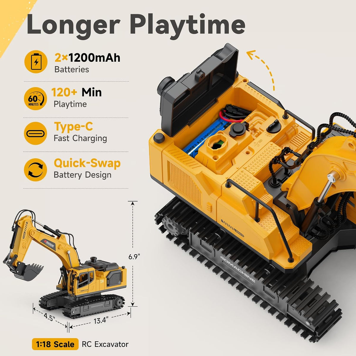 Excavadora de juguete a control remoto para niños, juguetes de excavadora RC de 2.4 GHz con cubo de metal, vehículo de construcción de 12 canales con niebla/luces/sonido, 2 baterías de 1200 mAh