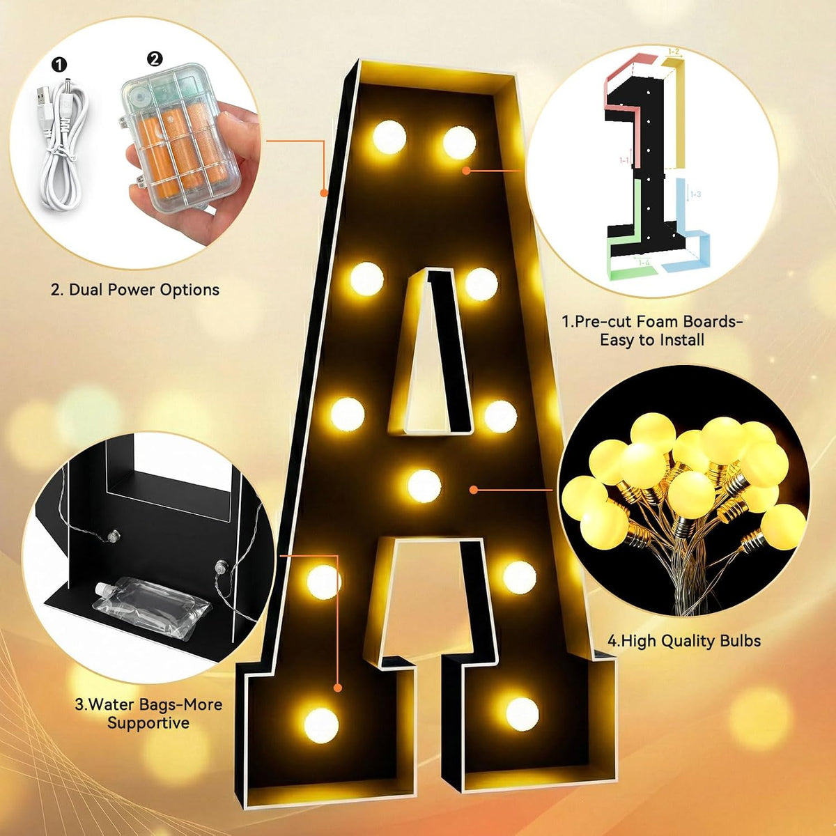 Ledido Letras iluminadas de marquesina negra de 4 pies, letras H de marquesina blancas cálidas fáciles de montar de 4 pies de alto para eventos en interiores y exteriores, letra grande iluminada para