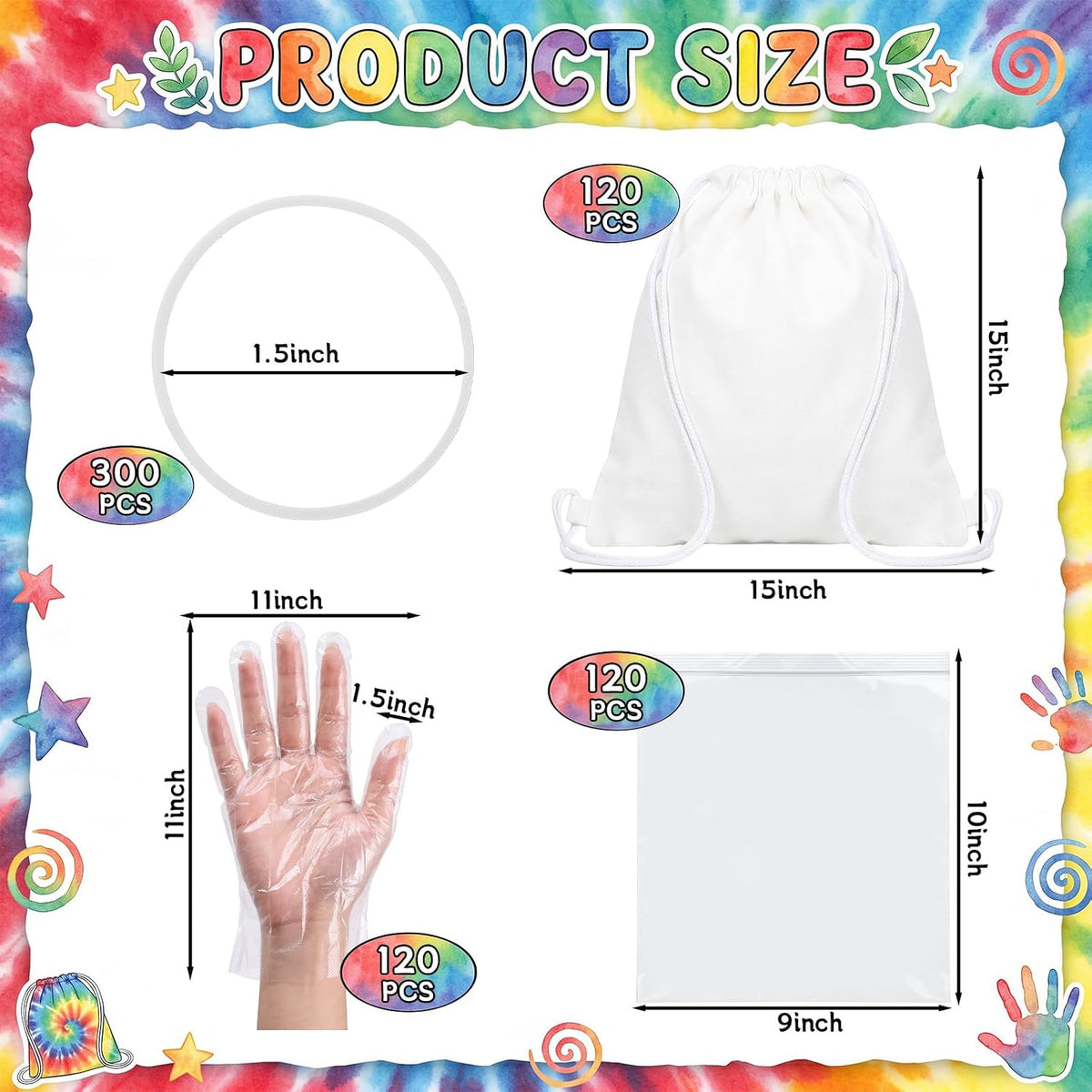 120 bolsas blancas con cordón de algodón teñido anudado con 120 pares de guantes, 120 bolsas sellables y 300 bandas de goma, kit de mochilas de lona en blanco con cordón para regalos de