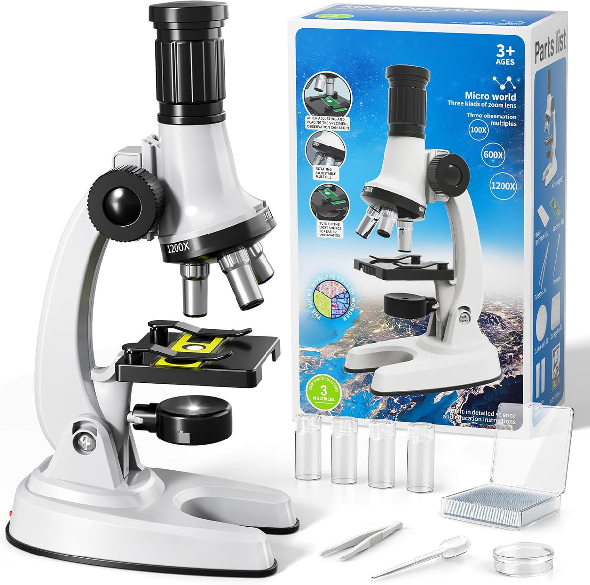 Microscopio para niños, 67 piezas de microscopio científico para niños con microscopio 100X-1200X, diapositivas y herramientas, kit de experimentos científicos, proyecto STEM, juguete de regalo para niños y niñas principiantes 3-5 5-7 8-12