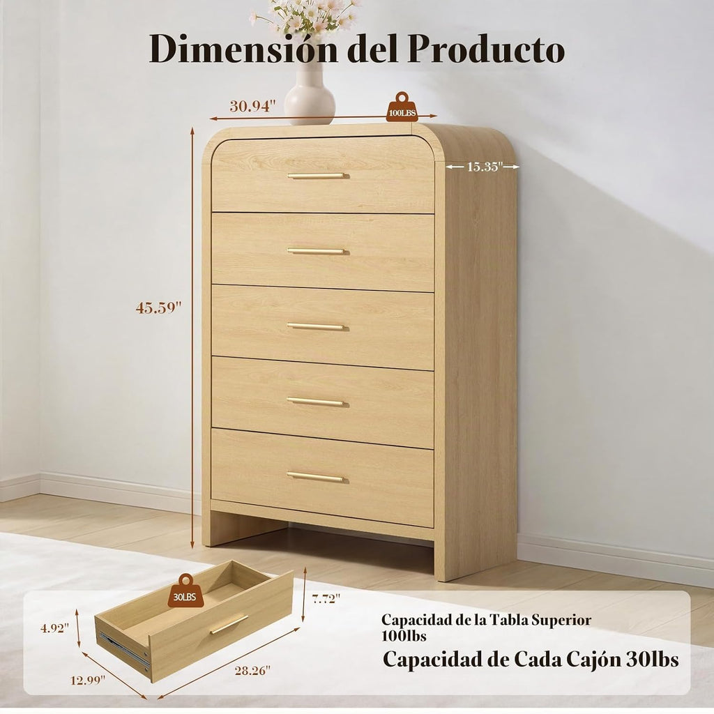 Cómoda curvada de 5 cajones para dormitorio, cómoda de 31 pulgadas de ancho, armario de almacenamiento moderno para pasillo y sala de estar, soporte de TV, certificado FSC de 1.18 pulgadas de