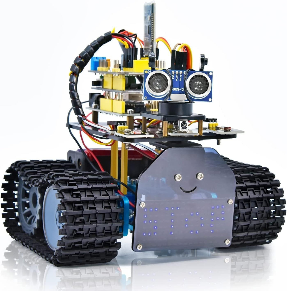 KEYESTUDIO - Kit robótico de mini tanque para Arduino, control remoto de aplicación/IR (iOS y Android), seguimiento ligero y ultrasónico, panel LED de 8 x 16 pulgadas, kit STEM para principiantes y