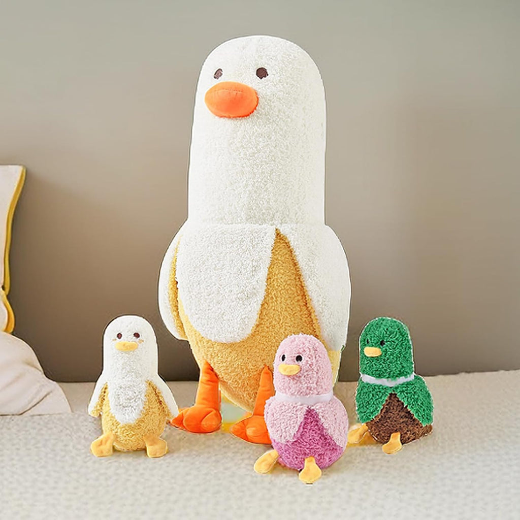 PEACH CAT Peluche de pato plátano con diseño de banana 1 mamá 19.7" Animal de peluche de pato con 3 lindos bebés dentro, juego de 4 piezas de peluches para regalos para niñas y niños